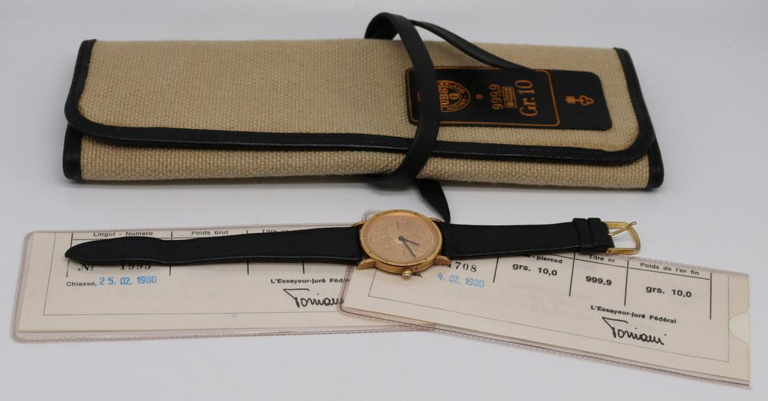 JEWELRY. Corum 1881 US $10 Gold Coin Watch.: Vintage Corum 1881 US $10 gold coin mounted in 18kt yellow gold watch face. Inscribed to watch face, "Corum Quartz Swiss Made". Stamped, "750", with a Swiss domestic gold mark of H