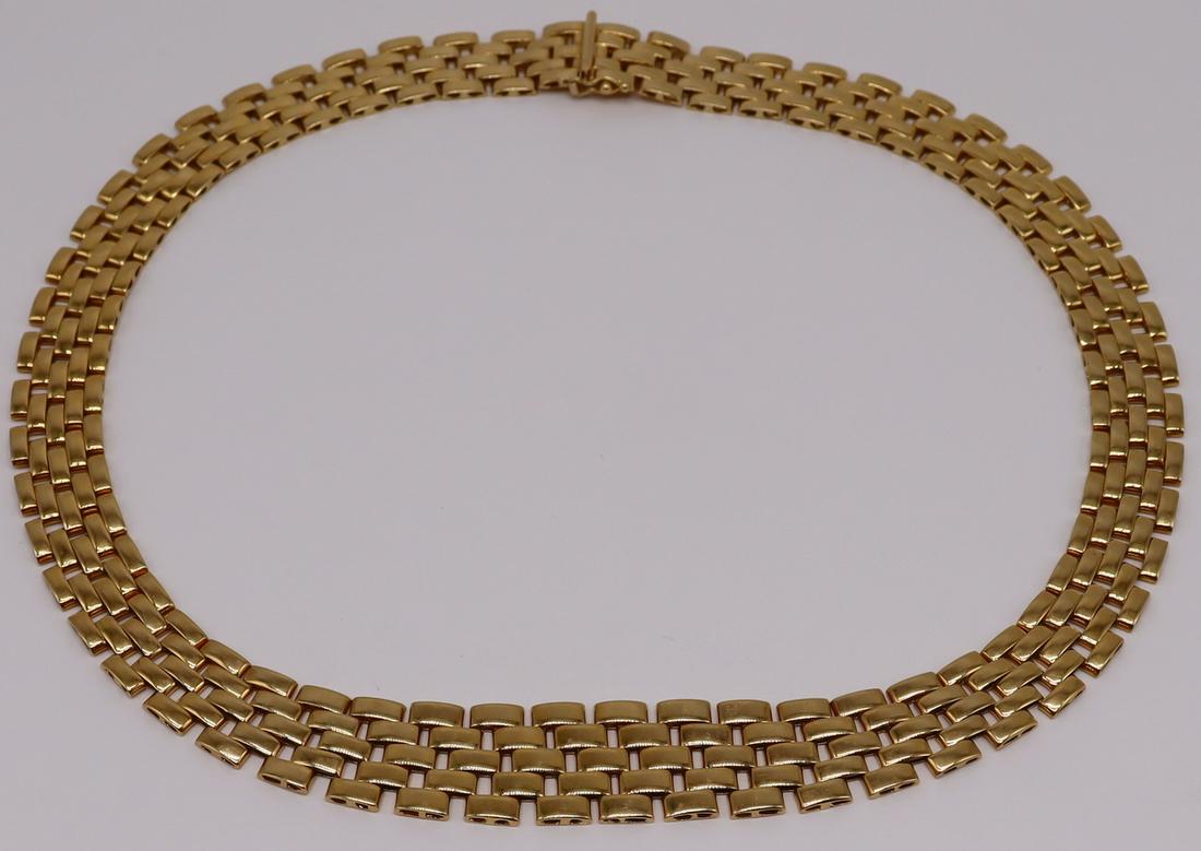 JEWELRY. Signed Italian 18kt Gold Panthere Link: Necklace. Signed Italian 18kt yellow gold panthere link necklace. In the STYLE OF Cartier. Stamped, "18kt Italy", with an undeterminted maker's mark. Total approx. weight is 35.0 dwt. From a