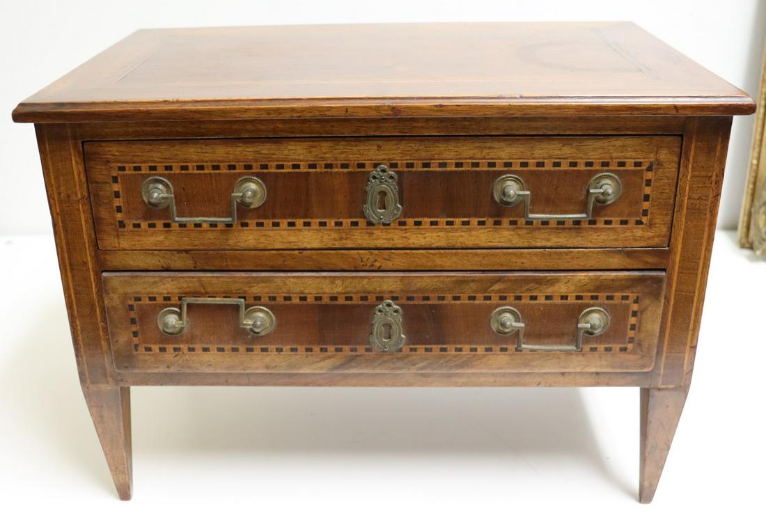 Antique Continental Miniature 2 Drawer Comode: With String Inlay. From a West 69th St NYC estate. - Dimensions: 18" x 11.5" x 13"