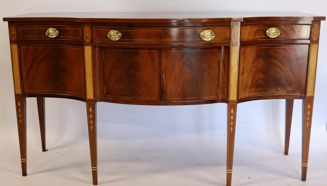 Antique And Fine Quality Inlaid Mahogany Sideboard: Nice sideboard with serpentine front and inlays. From a South Salem home. - Dimensions: 72" x 24" x 40"H