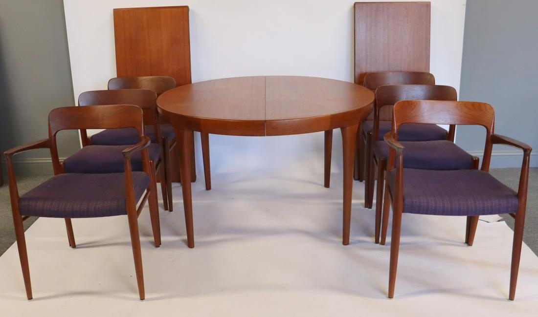 MIDCENTURY. Niels Moller Dining Table And 6 Chairs: 2 Arm Chairs (22.5" x 17.5" x 30" h), 4 Side Chairs (18" x 16" x 30") and 2 leaves (19.75"). From a Pleasantville estate. - Dimensions: Table: 47" x 45" x 28.5" h