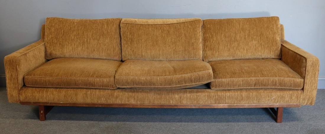 MIDCENTURY. Upholstered Sofa.: Nice original fabric, good size and from a Pleasantville estate. - Dimensions: 93" x 33" x 26" h
