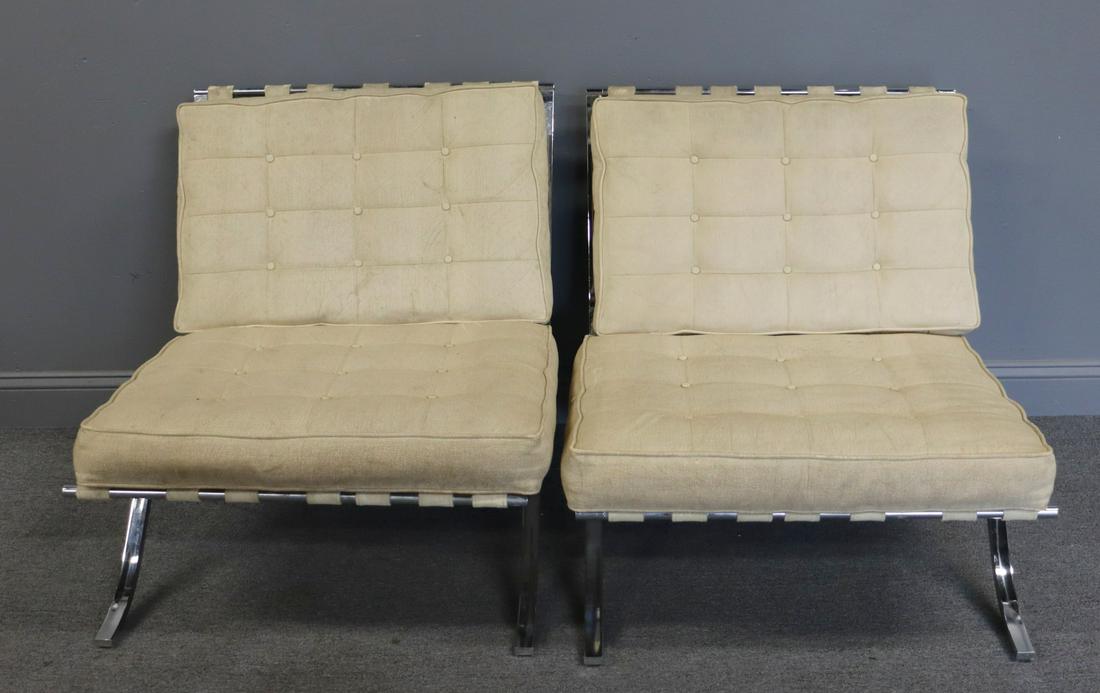 MIDCENTURY. Pair Of Selig Barcelona Style: Chairs. Nice lines with original cushions. From a Flushing Queens estate. - Dimensions: 25"W x 21.5"D x 33"H