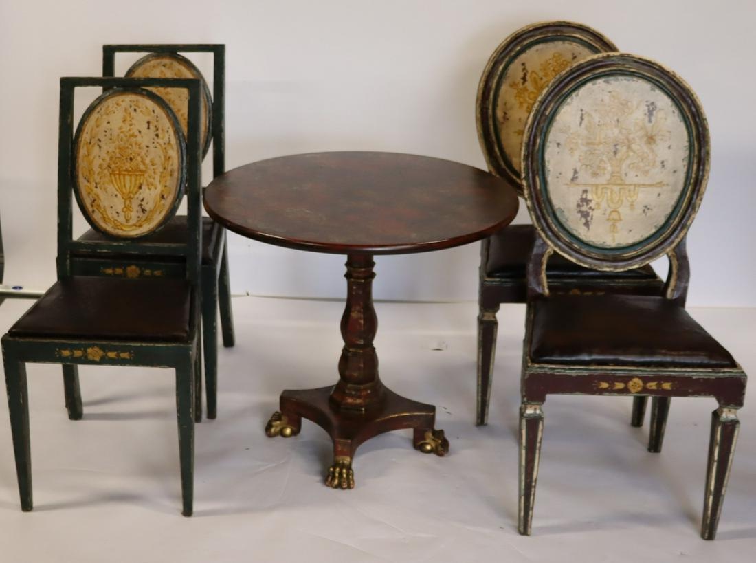 Signed Chinoiserie Decorated Table Together With: 4 Chairs (round back: 19.5" x 16.5" x 42.5" h and square back: 17.5" x 17" x 37.75" h). Label on table reads: Mario Buatta Collection for John Widdicomb. From a Westchest