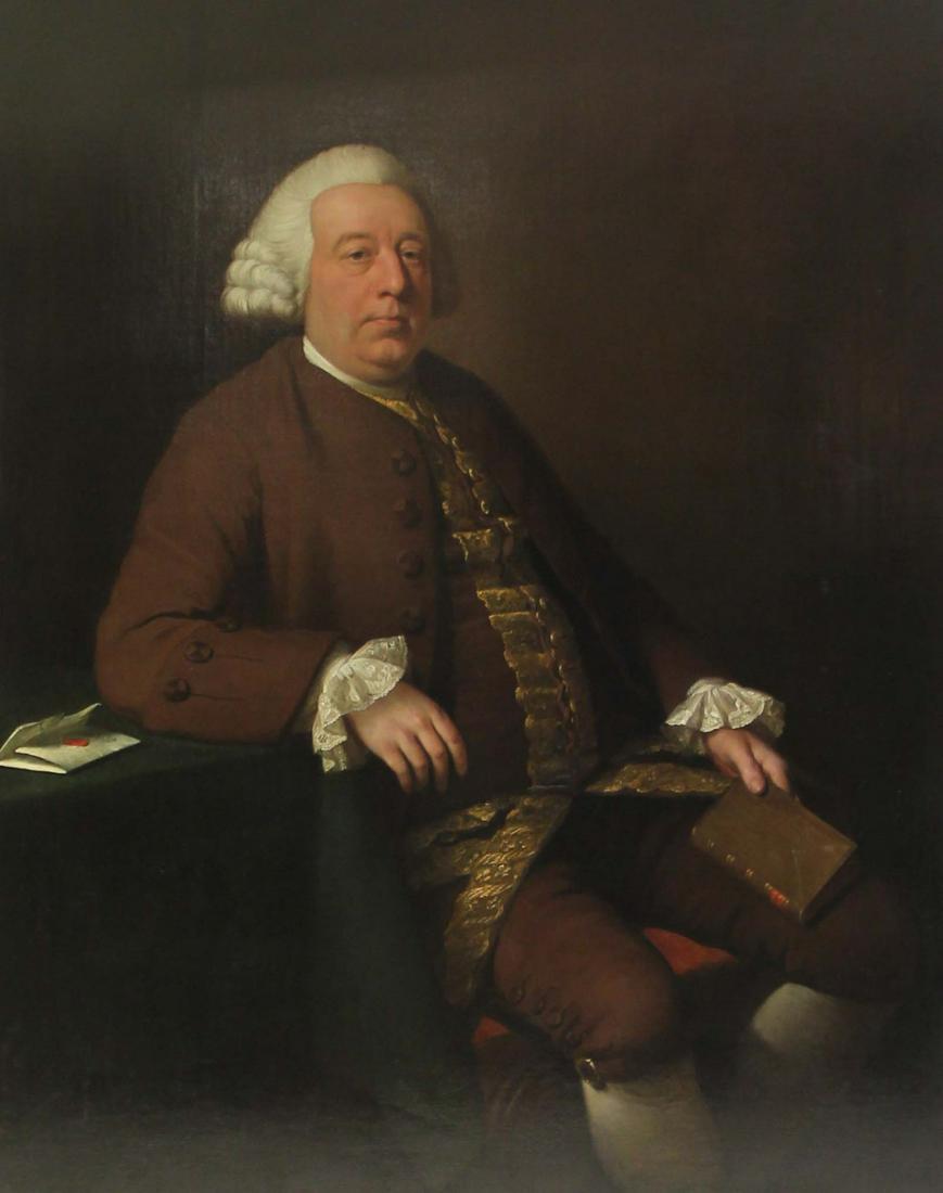 CIRCLE OF JOSEPH WRIGHT OF DERBY (18th CENTURY).: Oil on Canvas. Portrait of a Gentleman. Thos. Agnew and Sons gallery label affixed verso. From an NYC collection. - Dimensions: 50" high x 40" wide