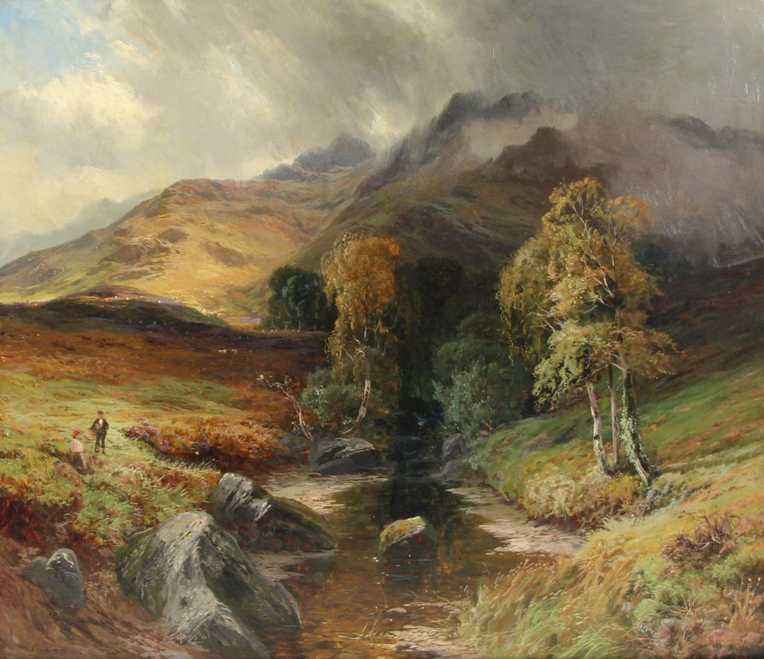 CLARENCE ROE (ENGLISH, 1850-1909).: Oil on Canvas. "In the Highlands". Signed lower left. From a White Plains, NY collection. - Dimensions: 26.5" high x 30" wide.