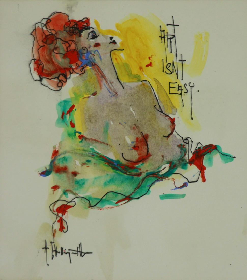 ALVIN HOLLINGSWORTH (AFRICAN-AMERICAN, 1928-2000).: Mixed media on paper. "Hip Ain't Easy". Signed lower left. From a Brooklyn, NY collection. - Dimensions: 8.75" high x 7.5" wide