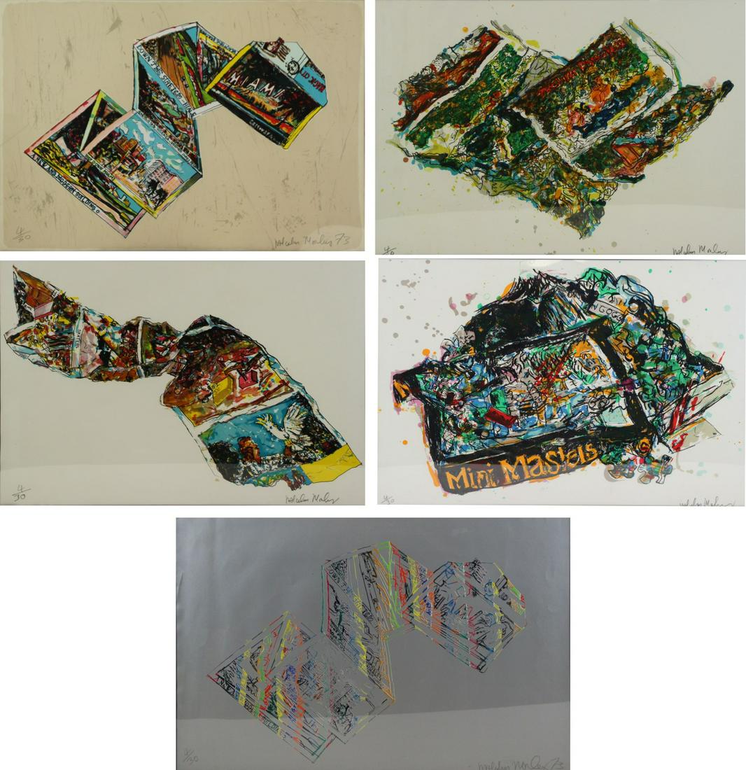 MALCOLM MORLEY (ENGLISH, ACTIVE IN AMERICA, 1931-: 2018). Set of 5 Lithographs. "Postcards From Miami". 1973. Signed lower right. No. 4 from an edition of 30. From a Rye, NY collection. - Dimensions: Each approx: 23" high x 34" wide
