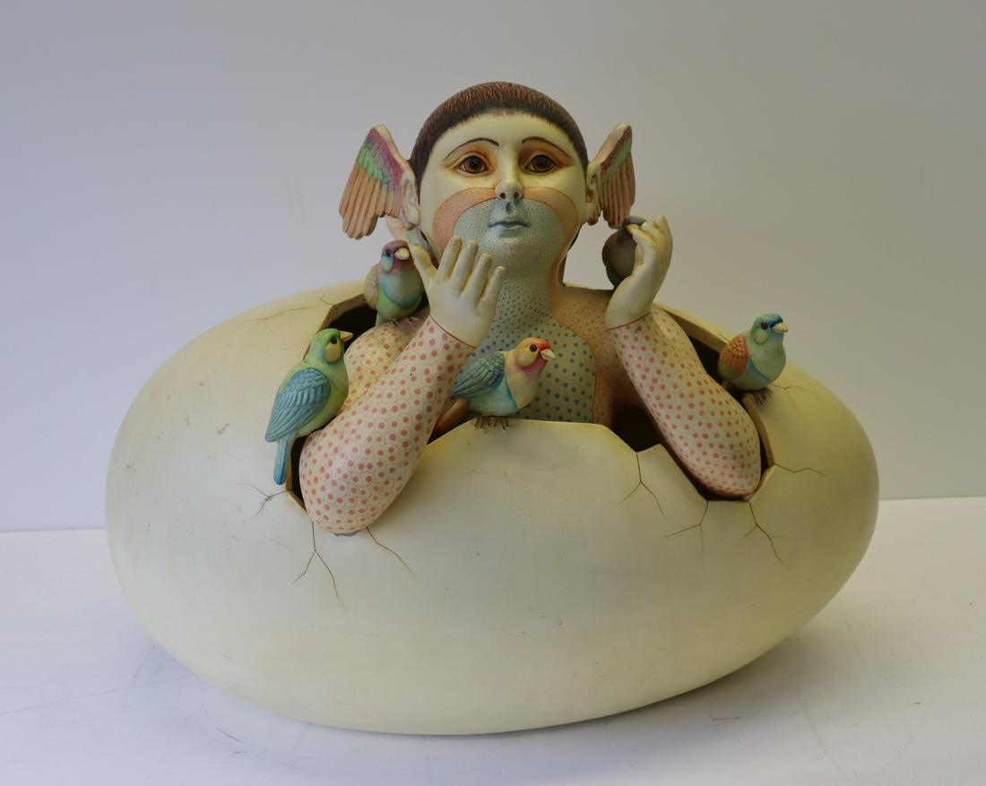 Sergio Bustamante. (Mexican born 1942/43) Signed: And Dated Large Egg Sculpture. From a New Rochelle estate. - Dimensions: Approx. 29" w x 19" d x 22.5" h
