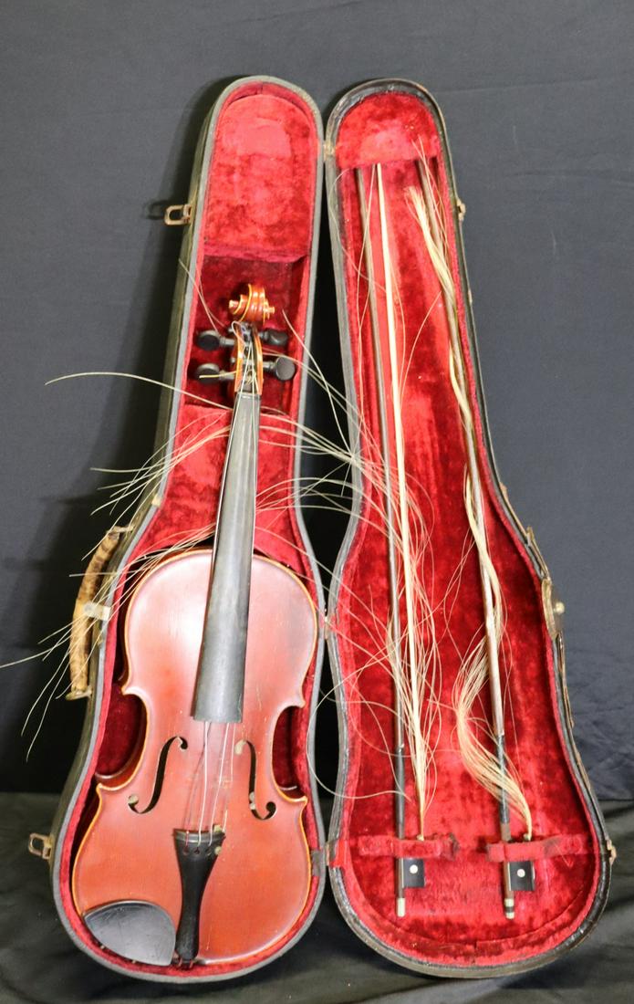 Heinreich Heberlein JR. Signed Violin and Bows in: Vintage Hard Case. Dated 1923. One bow illegibly signed. From a White Plains estate. Dimensions: 23.5" L x 8" w & Case 31" L