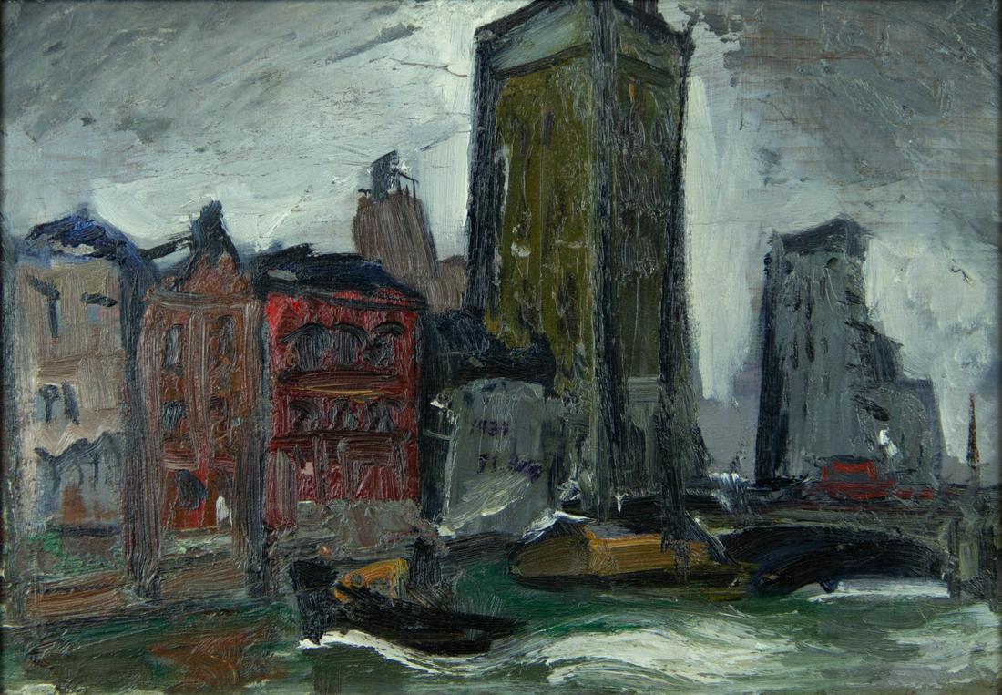 HUNG JUI-LIN (洪瑞麟 HONG RUILIN,: Taiwan. Oil on Board, "Metropolis." Signed center "1934, JL Hung." Inscribed to verso in Chinese with title and artist name, dated 1933. Together with original receipt indicating that it was purchased