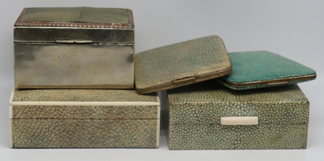 SILVER. Assorted Shagreen Decorative Boxes.: Includes an English shagreen mounted hinged case, impressed, "Made in England" to interior of case; an English shagreen mounted silverplate box with wood lining, stamped with a maker's mark