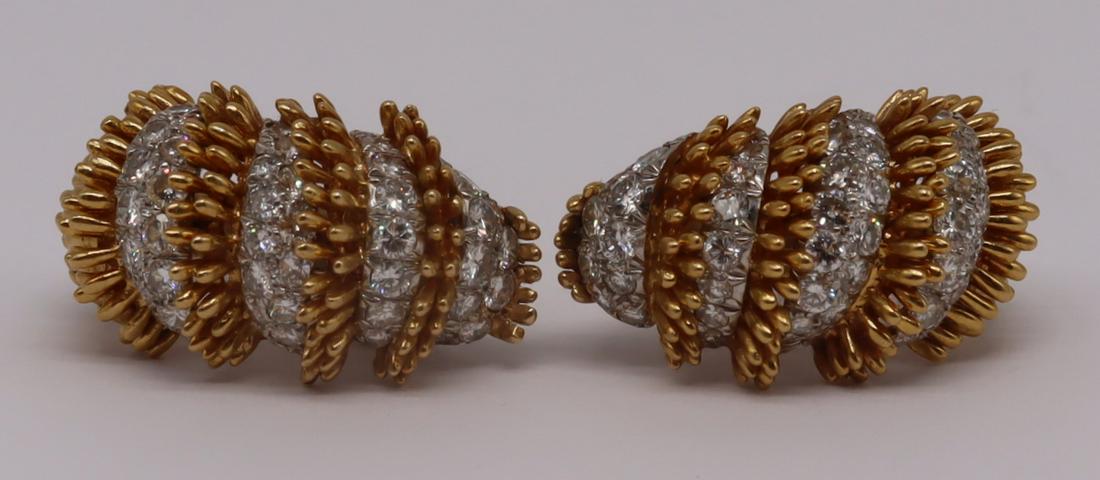 JEWELRY. Pair of David Webb 18kt Gold, Platinum,: and Diamond Ear Clips. David Webb 18kt yellow gold ear clips with graduated panels of round brilliant cut diamonds set in platinum. Stamped verso, "©18K WEBB ®Platinum". Total appro