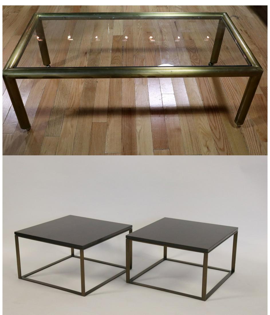 MIDCENTURY. Pair Of Brass End Tables With: Ebonised Wood Tops Together With A Brass Coffee Table (43" x 23" x 17" h). From a Long Island estate. Dimensions: 22.5" x 22.5" x 13.25"H
