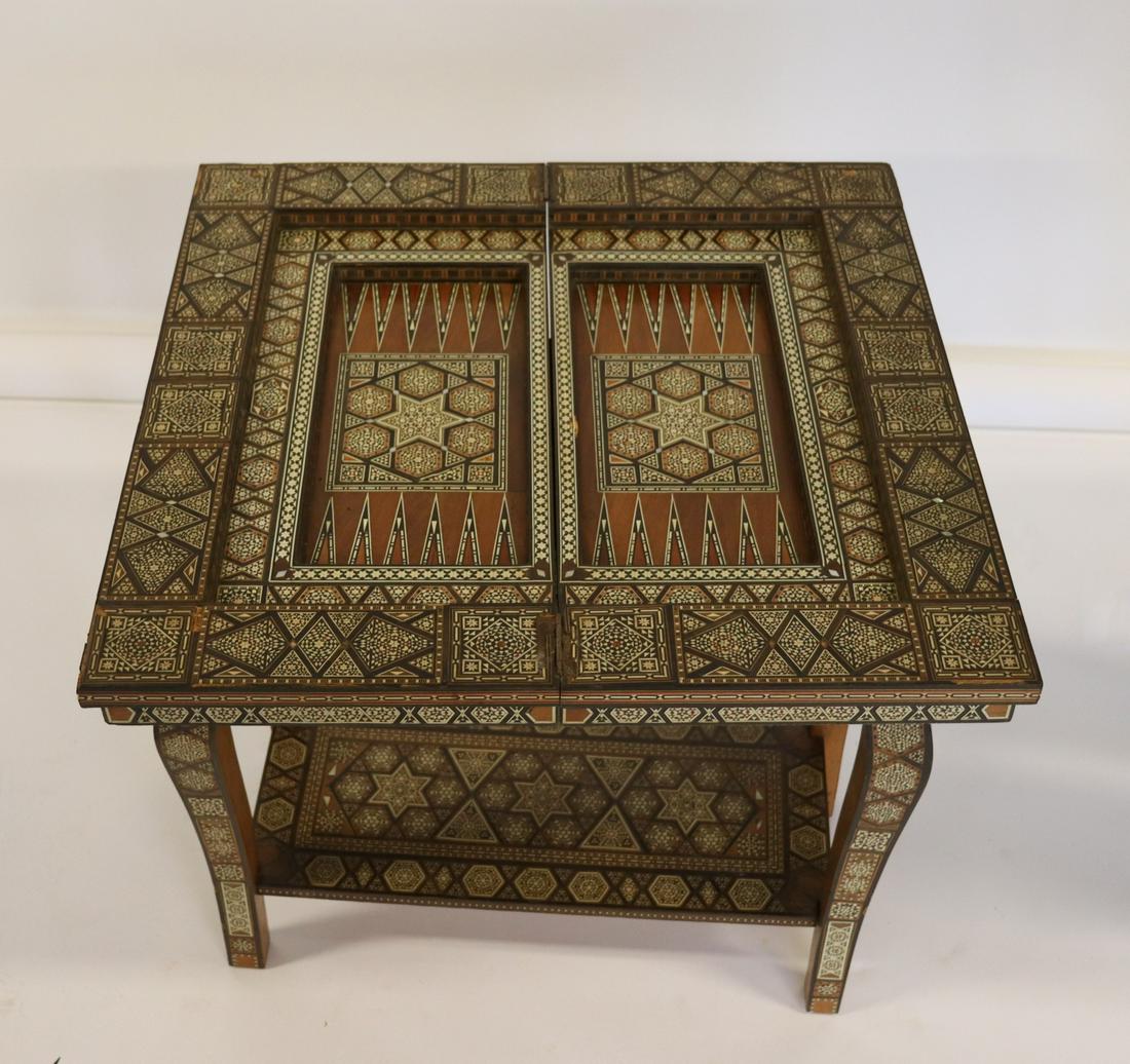 Antique And Finely Inlaid Moroccan Game Table.: From a Long Island estate. - Dimensions: 24" x 12"D x 27.5"H closed