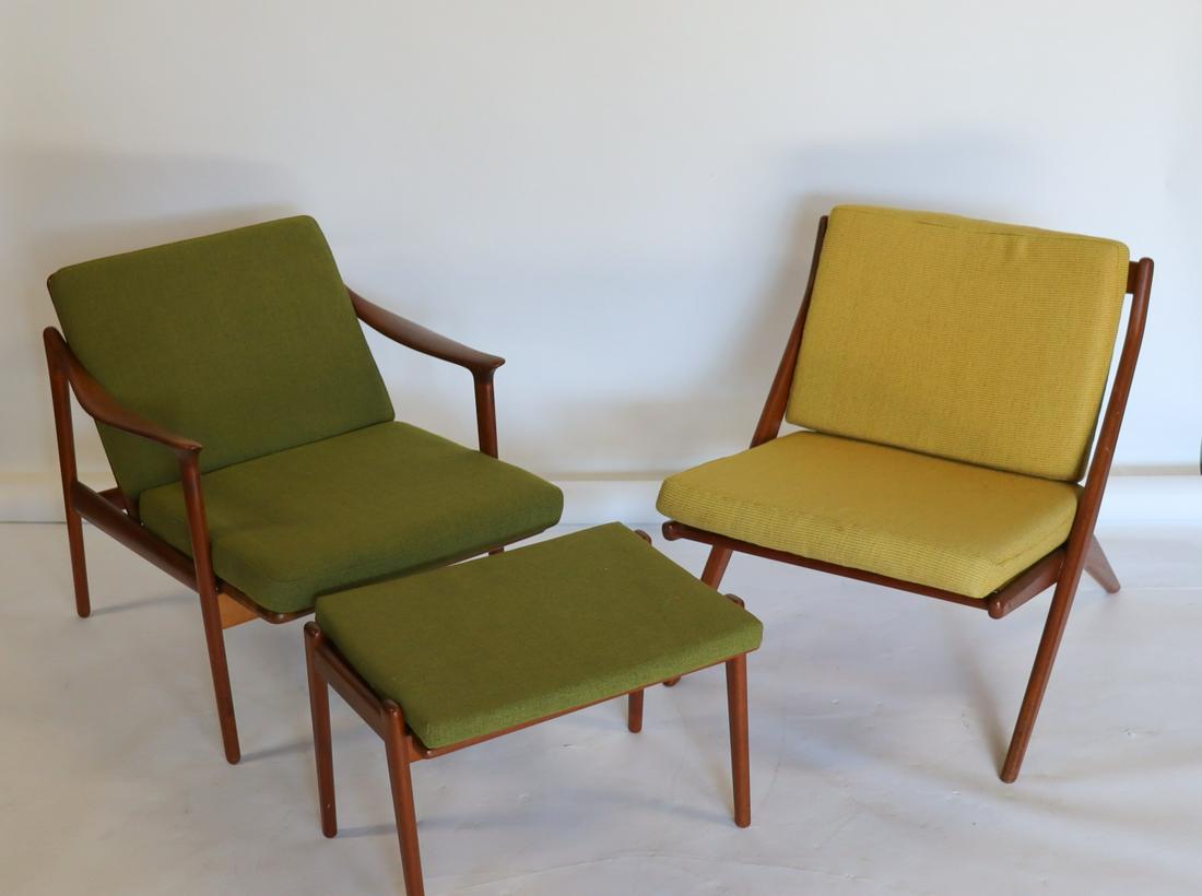 MIDCENTURY. Reclining Chair & Ottoman Together: With a Dux? X Frame Chair And Nesting Tables. Green Chair (26"w x 22.5"d x 25"h), Ottoman (22.5"w x 15"h). Yellow Chair (25.5"w x 32.5"d x 27"h). From a Rye est