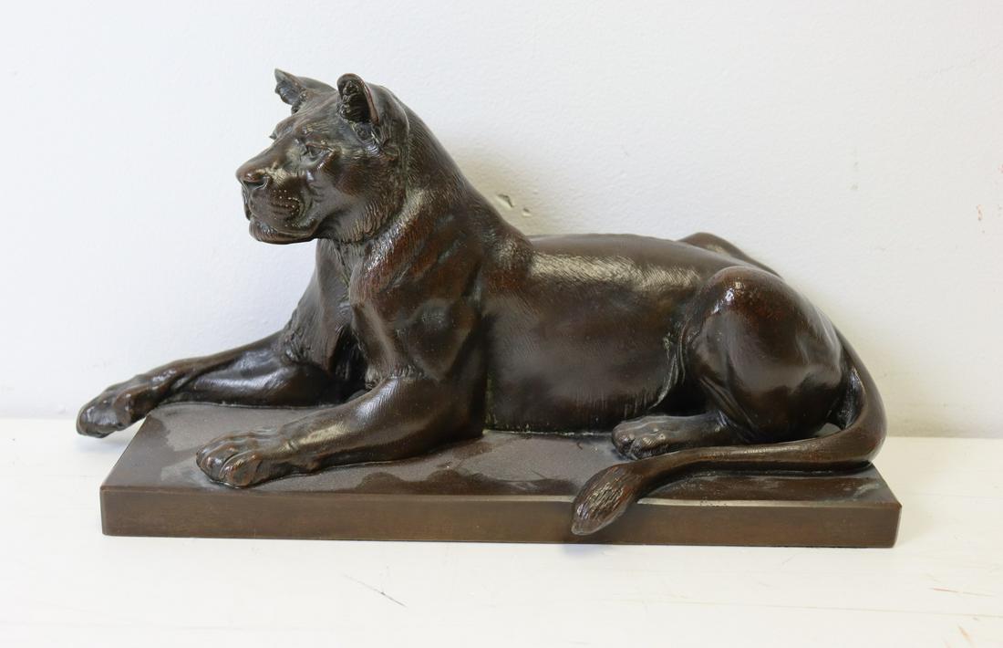 Julius Heinrich Haehnel (German 1823 - 1909): "A Recumbent lioness" Signed Bronze . From a West 72 ST NYC estate . - Dimensions: 15" x7.5"H