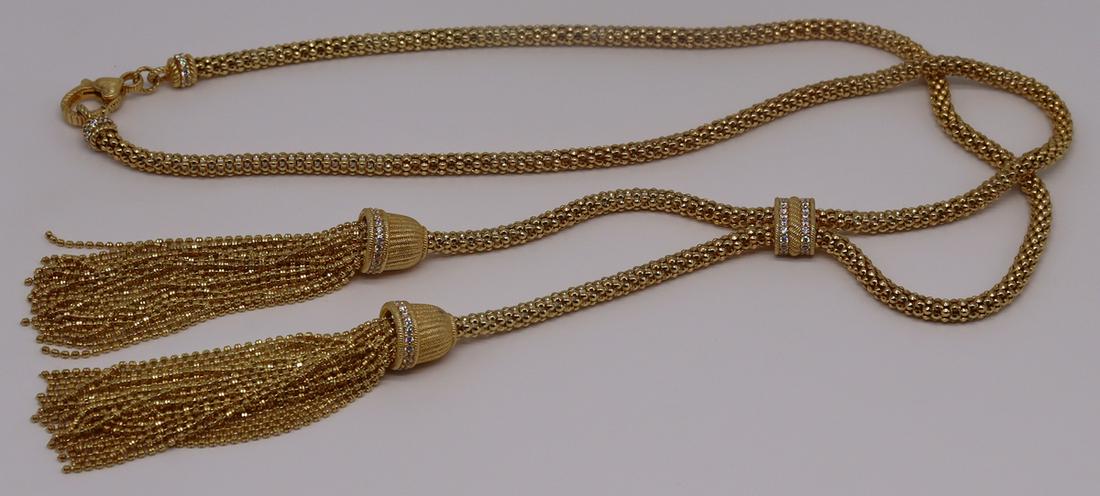 JEWELRY. Judith Ripka Gilt Sterling Necklace.: Judith Ripka gilt sterling lavalier style necklace inlaid with cubic zirconia and terminating in tassel drops. Stamped, "925 Italy CZ Judith Ripka" to closure. Total approx. weight is 1.98 t