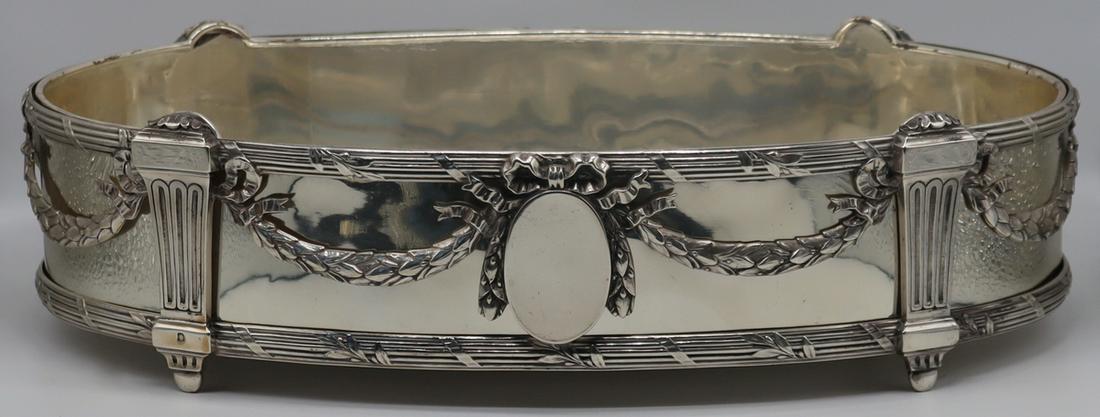SILVER. Christofle French .950 Silver Planter.: Christofle French .950 silver planter with floral swags flanking bows and/or bow-topped oval frames; set atop column form legs. With French 1st standard domestic silver hallmark of the Minerva head re