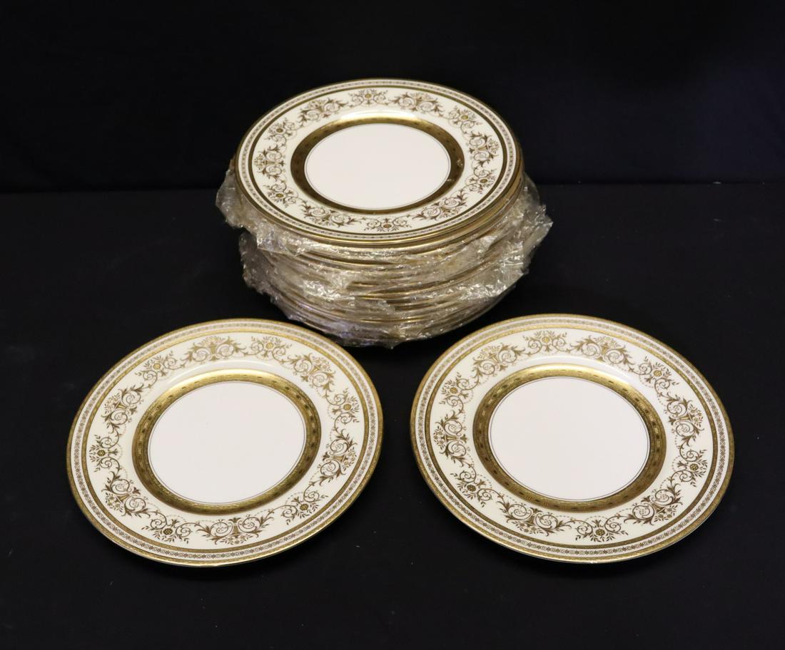MINTON. 12 Gilt Decorated Porcelain Dinner Plates: Signed on the back and purchased from Tiffany by the consignor. From a Hewlett, L.I. estate. - Dimensions: 10.5"dia
