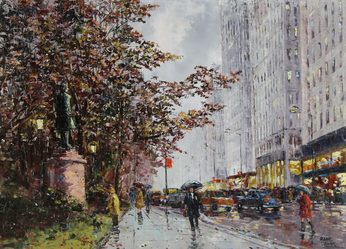 ROBERT LEBRON (AMERICAN, 1928-2013).: Oil on Canvas. Manhattan Scene. Signed lower right. From a Clinton Corners, NY collection. Dimensions: 18" high x 24" wide