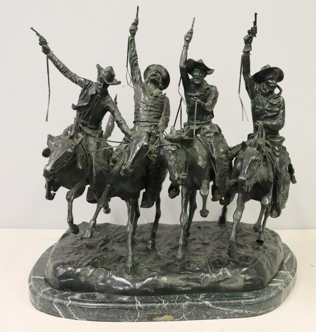 After Frederic Remington Large Bronze Sculpture: "Coming Through The Rye". Signed on the base and numbered 20 / 100. From a Great Neck, L.I. estate. - Dimensions: 22" x 15" x 26" h; Base 27" x 19"d x 2"h