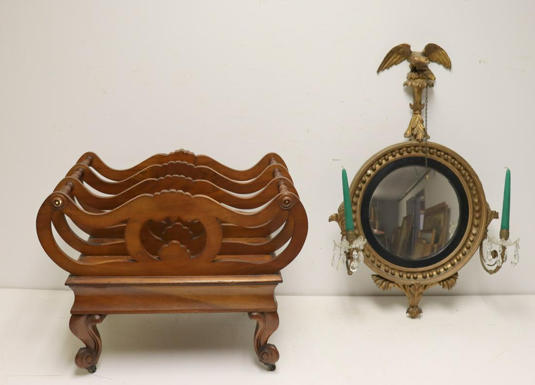 Antique Mahogany Canterbury Together With: A Sheraton Style Mirror Sconce. From a Long Island estate. Dimensions: Canterbury 25" x 16" x 20" - Dimensions: mirror 34"H x 16"