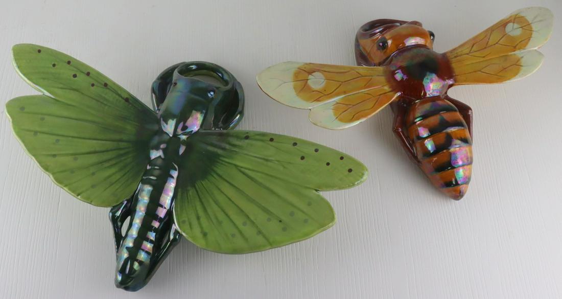 (2) Sarreguemines Majolica Porcelain Wall Pockets: (2) Sarreguemines Majolica porcelain wall pockets in the form of insects - a dragonfly and a bee. Inscribed verso, "Sarreguemines 1404 A", and, "4402 Sarreguemines UP? 227". From a