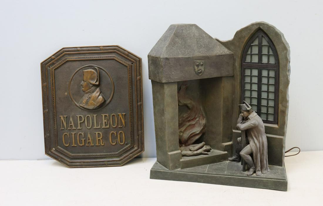 Bronze Napoleon Cigar Plaque Together With A: Signed Napoleon Fireplace Lamp (17" x 7" x 19" h). Bronze Napoleon cigar plaque by Price of Chicago 17.5" x 14.5", Fireplace. From the estate of Jerry Terranova, author of "Antique Cigar Cutters & Lig