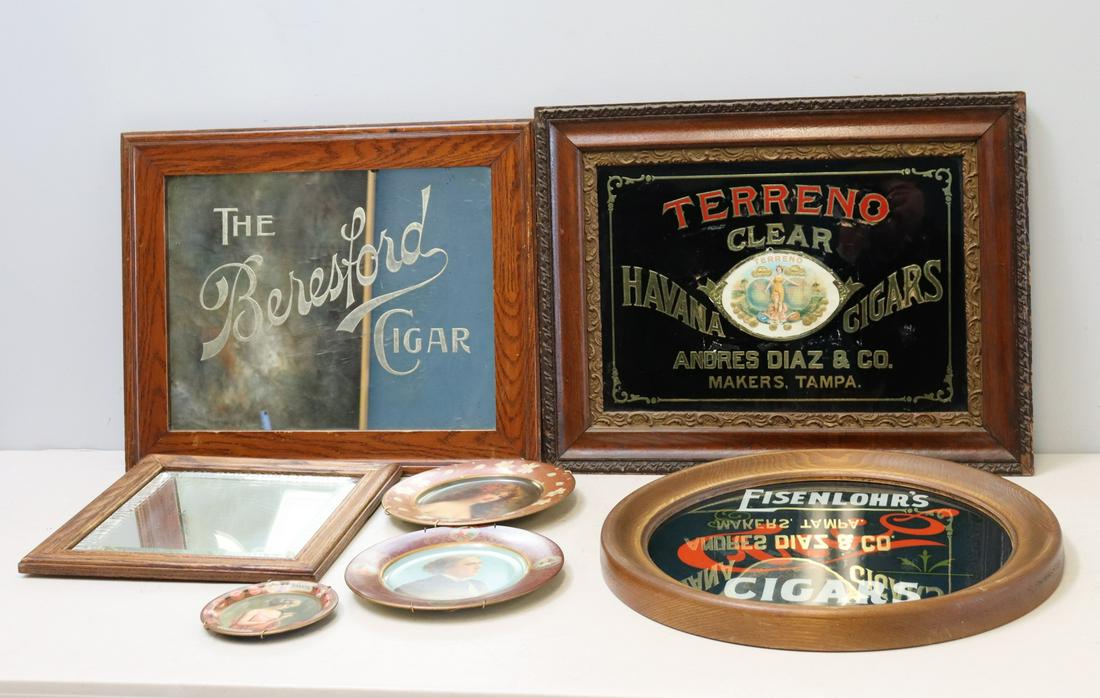Cigar Advertising Signs, Mirrors & Trays: From the estate of Jerry Terranova, author of "Antique Cigar Cutters & Lighters" and "Great Cigar Stuff for Collectors". Dimensions: Trays 6" dia to 10" dia; Mirror/Signs: 15" x 15" to 26" x 20".