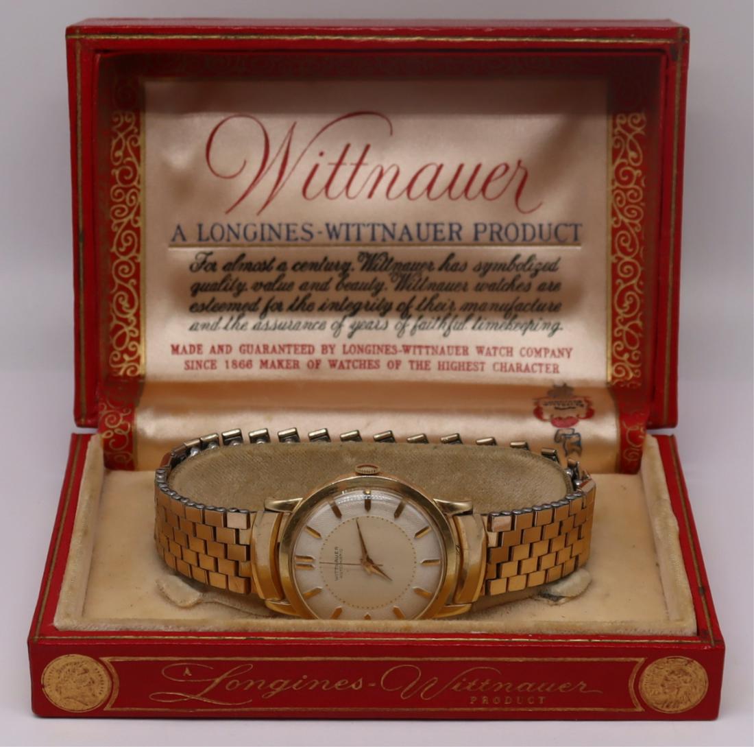 JEWELRY. Men's Vintage Wittnauer 14kt Gold Watch.: Men's vintage Wittnauer 14kt yellow gold automatic watch face, Wittnauer Watch Co. Inc movement, 17 jewels, 11ARB; interior of watch backing stamped, "Wittnauer New York Geneva Montreal Star W.C.