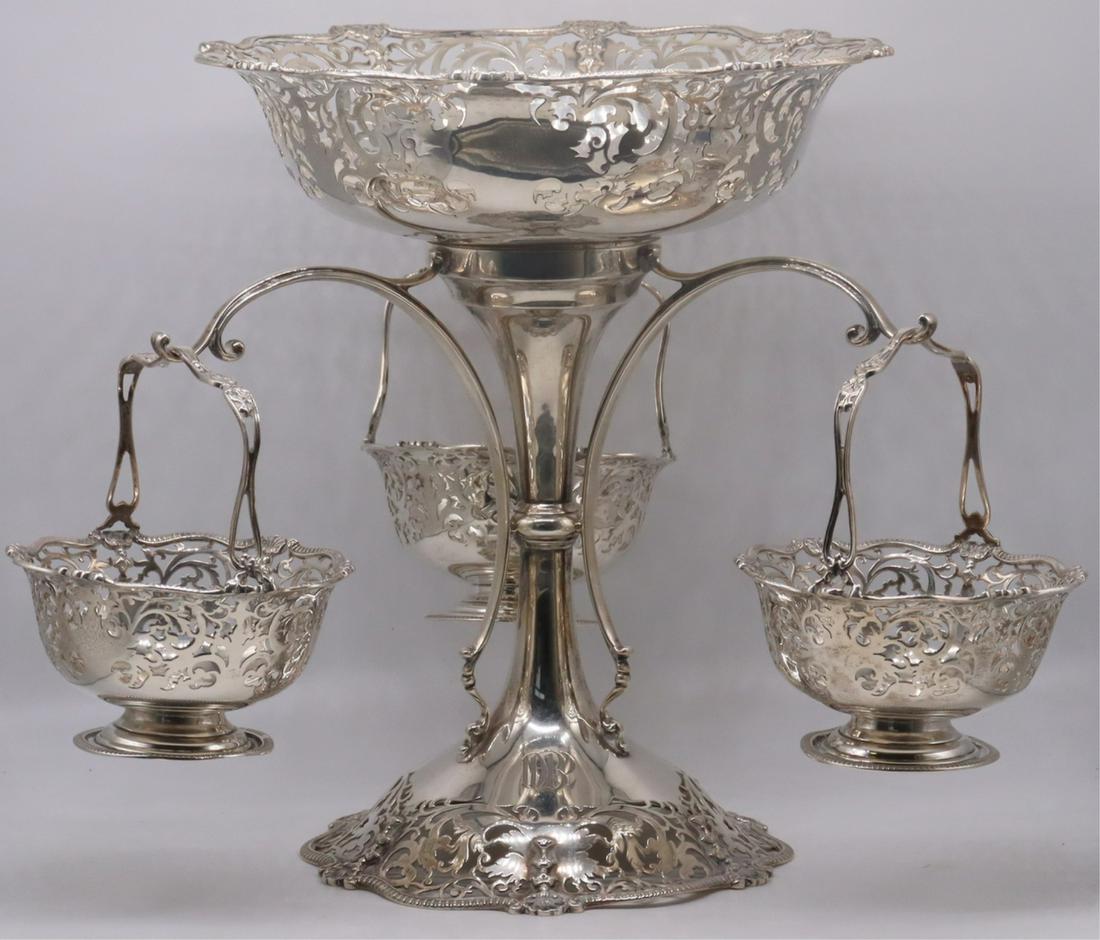 SILVER. Mappin & Webb English Silver Epergne.: Mappin & Webb English silver reticulated epergne comprised of a 3-arm centerpiece with (3) hanging reticulated baskets and a matched reticulated center bowl. London city stamps, maker's mark of Ma