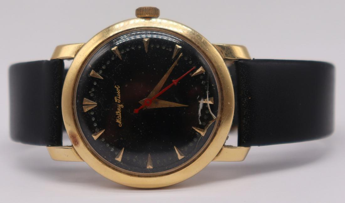JEWELRY. Vintage Men's Mathey Tissot 14kt Watch.: Vintage men's Mathey Tissot automatic 14kt yellow gold watch face. With a Mathey-Tissot movement, 17 jewels, no. 1256 279. Interior of watch case backing inscribed, "Mathey-Tissot", exterior