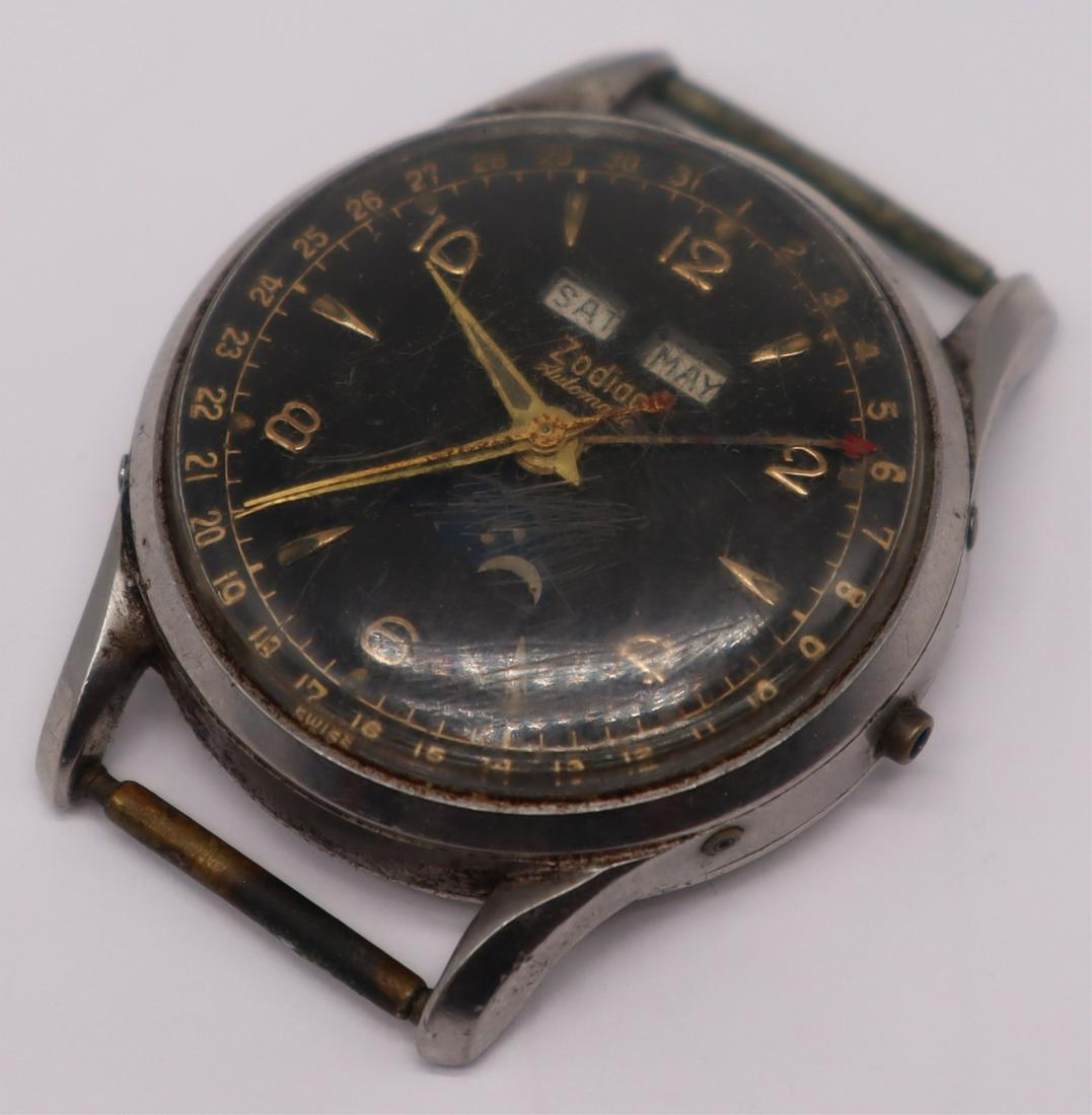 JEWELRY. Vintage Zodiac Moonphase Automatic Watch.: Vintage Zodiac automatic tripe date moonphase men's watch face. Circa 1950's. Stamped verso, "355331". With Zodiac Ltd. movement, no. 1150A, 17 jewels; interior of watch backing inscribed, "Zodiac W. 