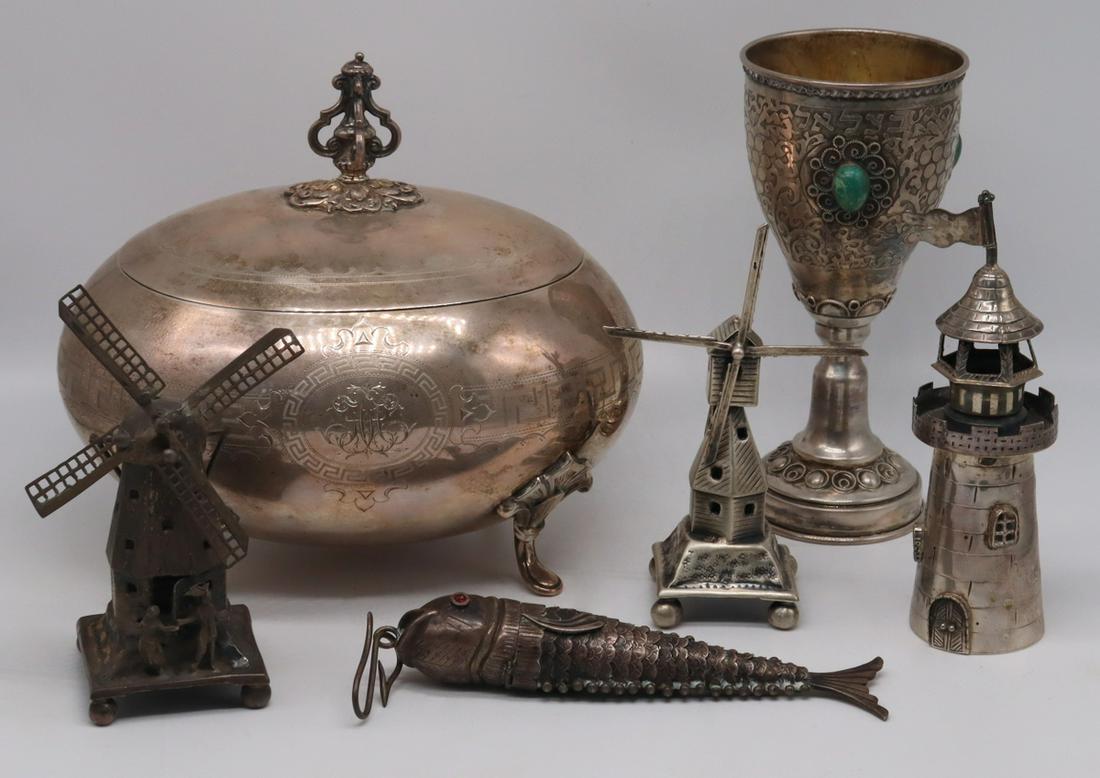 SILVER. Grouping of Silver Judaica Tablewares.: Includes a monogrammed German .800 silver etrog box with gold wash to interior, stamped, "800 4002"; an Israeli sterling kiddush cup with (3) oval form cabochons and gold wash to interior of