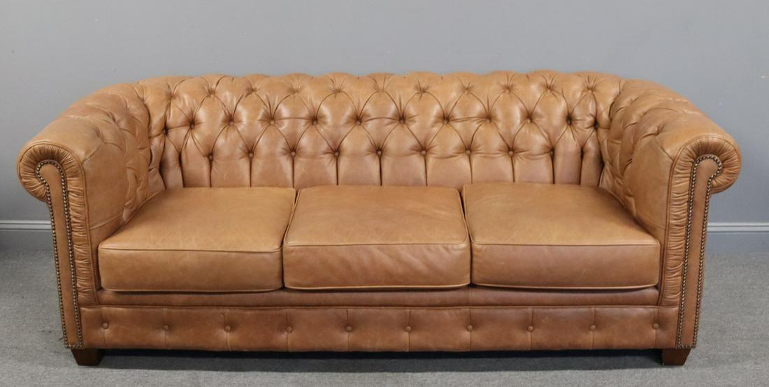 Vintage And Fine Quality Leather Chesterfield Sofa: Nice size and comfy. From a Brooklyn NY estate. - Dimensions: 87" x 39" x 32"H