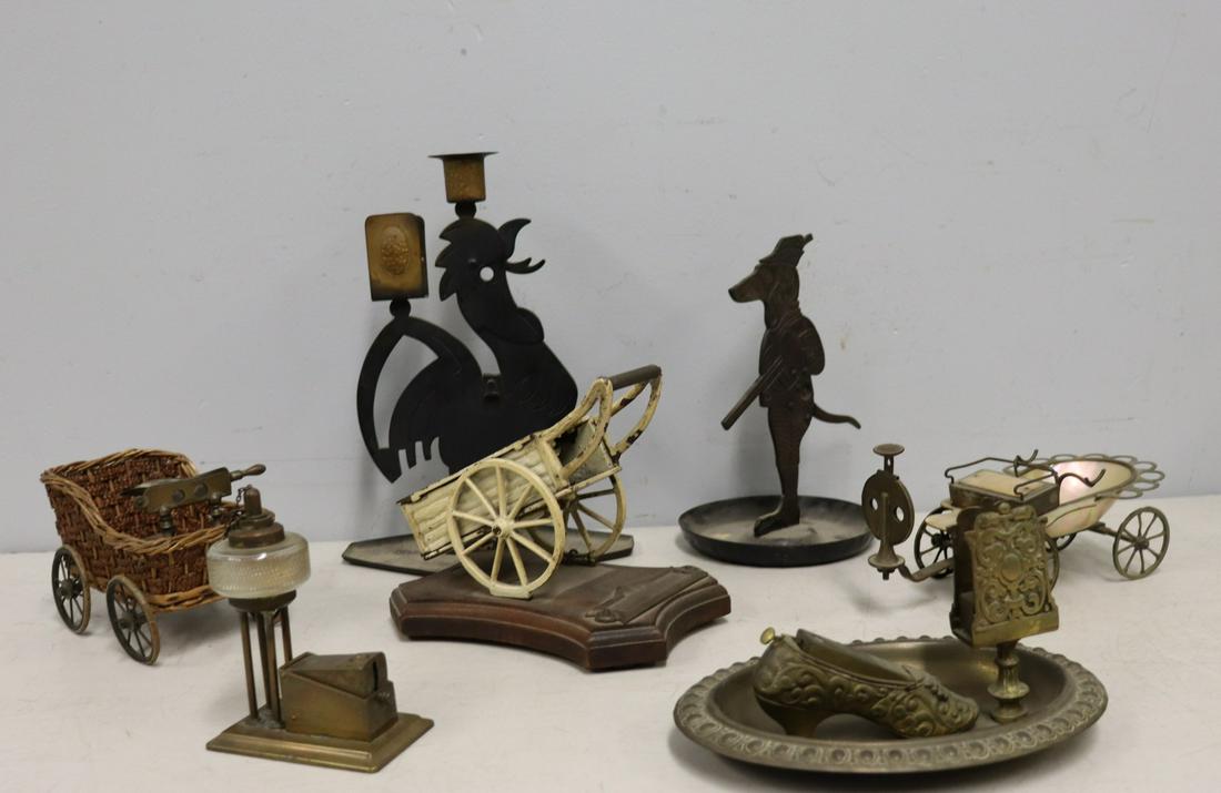 Lot Of Assorted Antique Cigar Cutters.: To include three carts ranging in size from 9" to 8", a Rooster (11"H), a Hound (9"H), a brass shoe (8") and an oil lamp (4"). From the estate of Jerry Terranova, author 