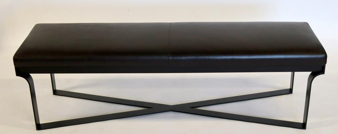 Christian Liaigre For Holy Hunt Leather Upholstered: Hobereau Bench. Signed on the base and from a New Rochelle estate. Dimensions: 63" x 16" x 18.5"H