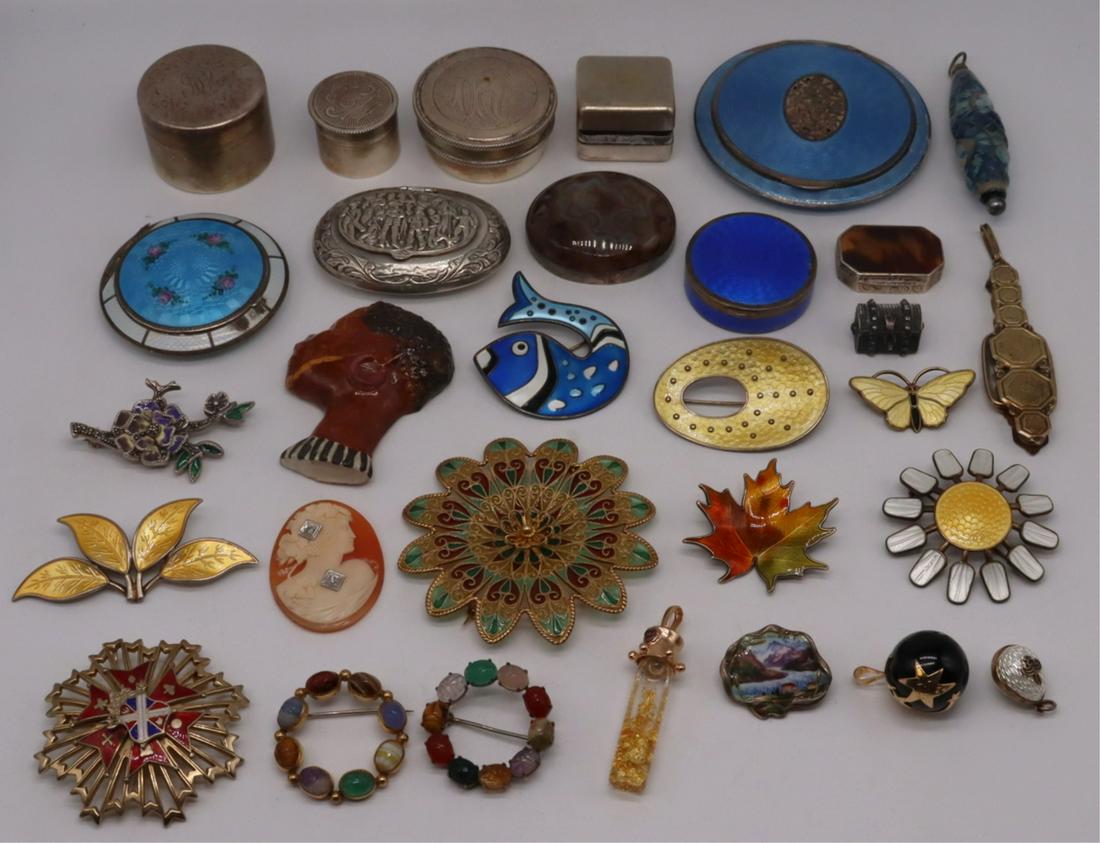 JEWELRY. Assorted Jewelry & Decorative Accessories: Includes a Norwegian sterling and enamel decorated maple leaf brooch; a David Andersen sterling and enamel foliate form brooch; an Italian .800 silver pill box; a small sterling trunk; a monogrammed A