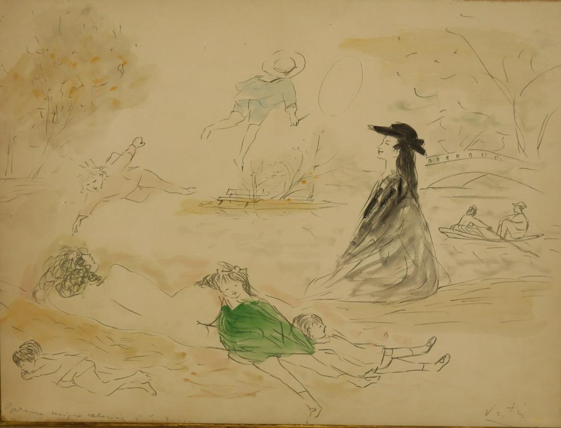 Marcel Vertes. Signed Drawing With Watercolor: Signed and from a Westchester storage . - Dimensions: 21" x 28"