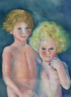 LUCILLE, 77. Signed And Dated Watercolor Of: 2 Children. Signed lr rt and from a Westchester storage. - Dimensions: 13" x 10"