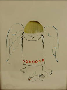 MAXIMO. Signed Watercolor Of Saint & Dove: Signed lr left and from a Westchester storage. - Dimensions: 25" x 19"