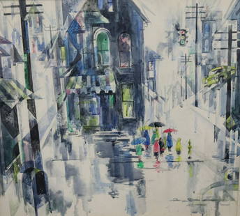 James Lewicki. Signed Watercolor "Bus Stop": Signed and from a Westchester storage. - Dimensions: 28" x 30"