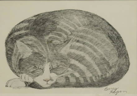 Barry Kagan Pencil Signed And Numbered: Print, Sleeping Cat. Numbered 128 of 200 From a Westchester storage. - Dimensions: 12" x 17"