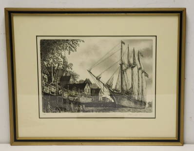 Illegibly Signed And Dated 76 Print Of A Schooner: Signed lr rt and from a Westchester storage. - Dimensions: 13" x 18"