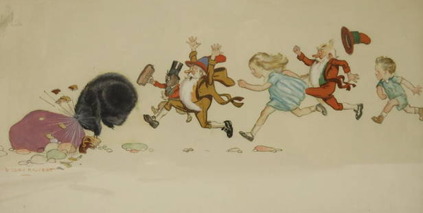Cory Kilvert. Signed Watercolor / Gouache: Illustration. Signed lr left and from a Westchester storage. - Dimensions: 12" x 21"