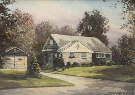 ILLEGIBLY. Signed Oil On Canvas House And Garage: From a Westchester storage. - Dimensions: 22" x 30"