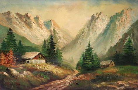 ILLEGIBLY. Signed Oil On Canvas Mountain Scene.: From a Westchester storage. - Dimensions: 24" x 36"