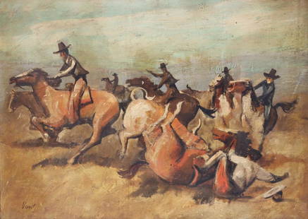 VERNET. Signed Oil On Board "Cowboys".: Signed and with Karl Mann label verso. From a Westchester storage. - Dimensions: 33" x 45"