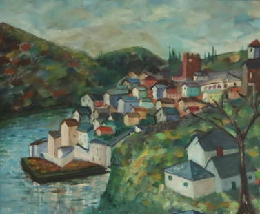 ILLEGIBLY. Signed Oil On Canvas Houses On River.: Sgd center bottom and from a Westchester storage. - Dimensions: 20" x 16.5"